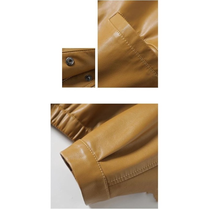Women's Casual Split Sheepskin Short Jacket O-Neck Covered Button Loose Fit Long Sleeve Leather Coat