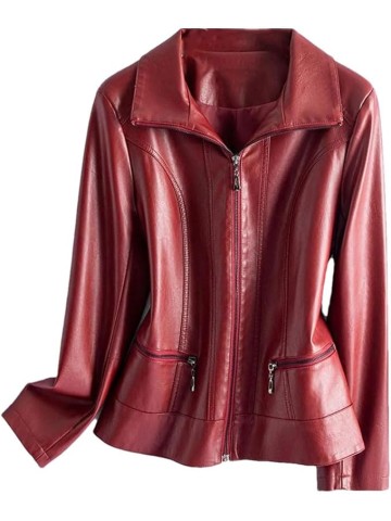 Women's Fashion Sheepskin Leather Jacket Long Sleeve Lapel Collar Zippered Split Leather Coat Casual Outerwear
