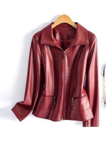 Women's Fashion Sheepskin Leather Jacket Long Sleeve Lapel Collar Zippered Split Leather Coat Casual Outerwear