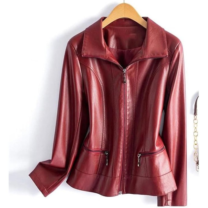 Women's Fashion Sheepskin Leather Jacket Long Sleeve Lapel Collar Zippered Split Leather Coat Casual Outerwear