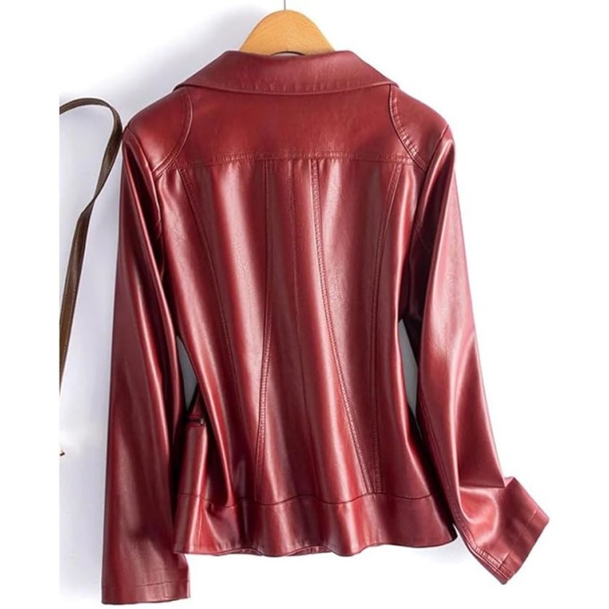 Women's Fashion Sheepskin Leather Jacket Long Sleeve Lapel Collar Zippered Split Leather Coat Casual Outerwear