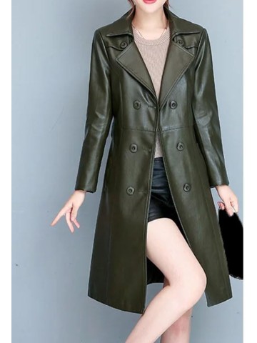 Women's Thick Warm Sheepskin Overcoat, Slim Fit Long Leather Trench Winter Jacket