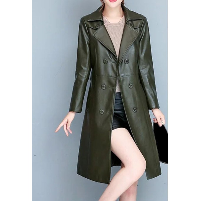 Women's Thick Warm Sheepskin Overcoat, Slim Fit Long Leather Trench Winter Jacket