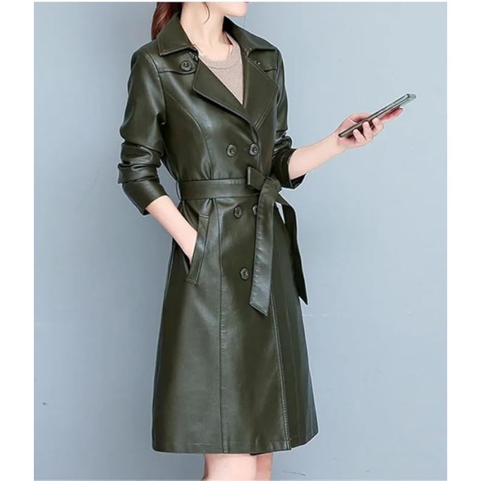 Women's Thick Warm Sheepskin Overcoat, Slim Fit Long Leather Trench Winter Jacket