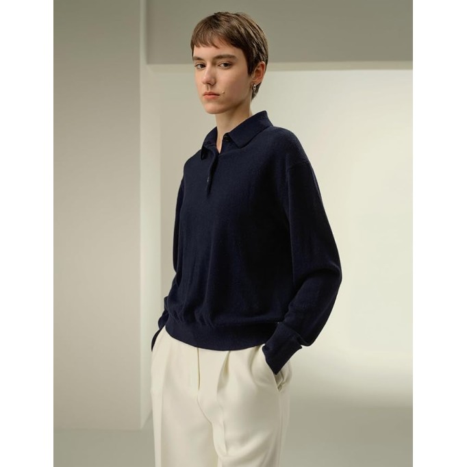 100% Baby Cashmere Sweater Polo Shirt for Women Long-Sleeve Casual Business Pullover Fall
