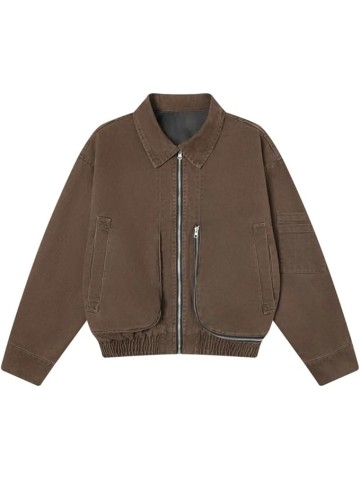 Men Bomber Jacket Retro Distressed Casual Autumn Loose Long Sleeve Lapel Outerwear Coat