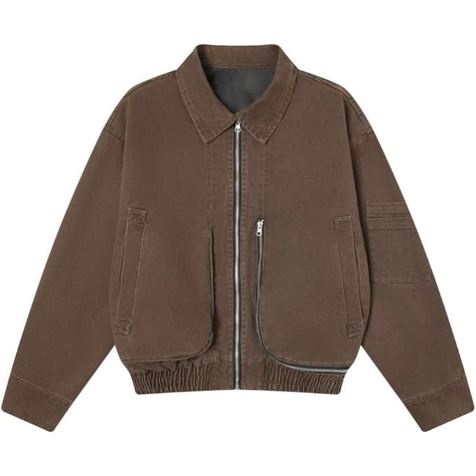 Men Bomber Jacket Retro Distressed Casual Autumn Loose Long Sleeve Lapel Outerwear Coat