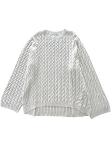 Women Round Neck Textured Knit Pullover Loose Fit Soft Relaxed Casual Sweater