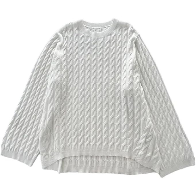Women Round Neck Textured Knit Pullover Loose Fit Soft Relaxed Casual Sweater