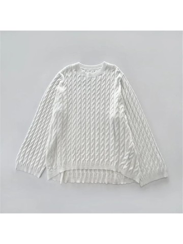 Women Round Neck Textured Knit Pullover Loose Fit Soft Relaxed Casual Sweater