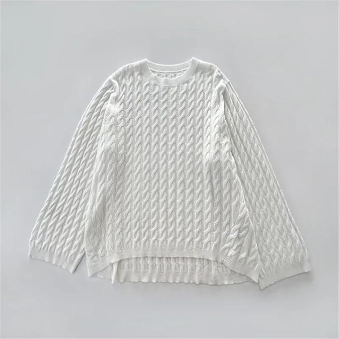 Women Round Neck Textured Knit Pullover Loose Fit Soft Relaxed Casual Sweater