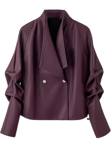 Women Black Short Leather Jacket Fall Loose Lapel Washed Pu Leather Motorcycle Jackets