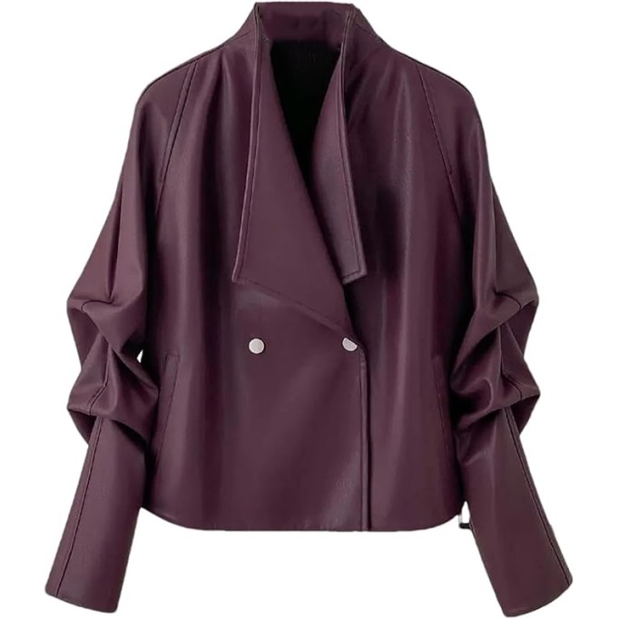 Women Black Short Leather Jacket Fall Loose Lapel Washed Pu Leather Motorcycle Jackets