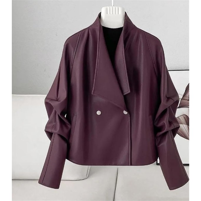 Women Black Short Leather Jacket Fall Loose Lapel Washed Pu Leather Motorcycle Jackets