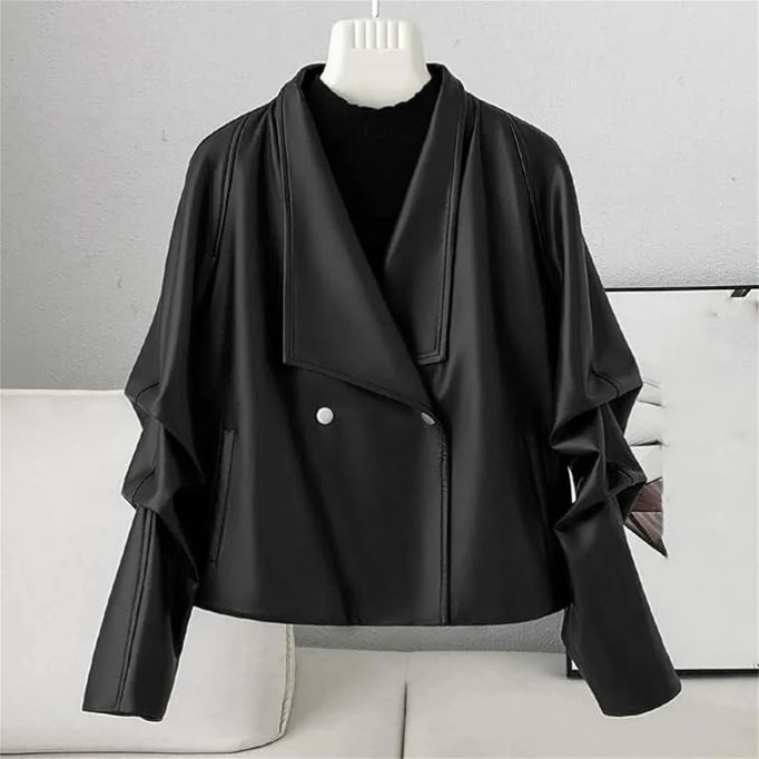 Women Black Short Leather Jacket Fall Loose Lapel Washed Pu Leather Motorcycle Jackets