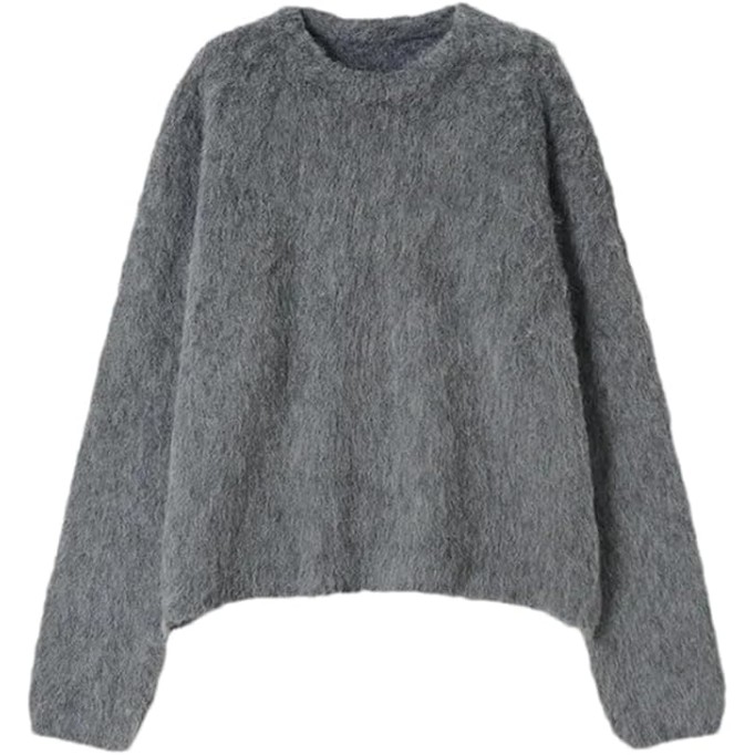 Alpaca Wool Blend for Women Knit Sweater Crew Neck Gray9 Loose Pullovers Fall Winter