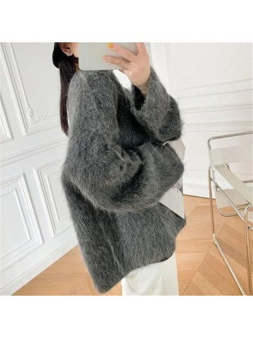 Alpaca Wool Blend for Women Knit Sweater Crew Neck Gray9 Loose Pullovers Fall Winter
