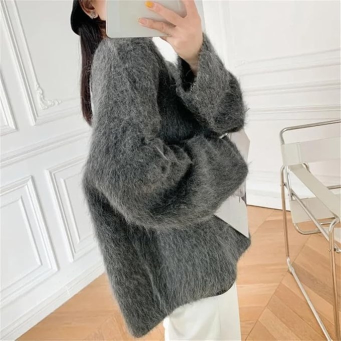Alpaca Wool Blend for Women Knit Sweater Crew Neck Gray9 Loose Pullovers Fall Winter