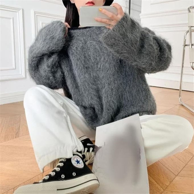 Alpaca Wool Blend for Women Knit Sweater Crew Neck Gray9 Loose Pullovers Fall Winter
