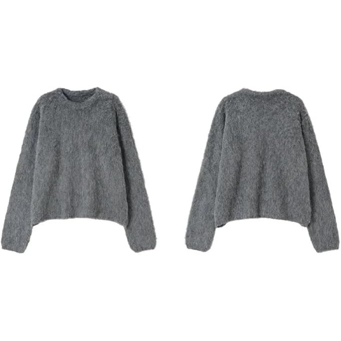 Alpaca Wool Blend for Women Knit Sweater Crew Neck Gray9 Loose Pullovers Fall Winter