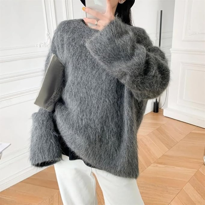 Alpaca Wool Blend for Women Knit Sweater Crew Neck Gray9 Loose Pullovers Fall Winter