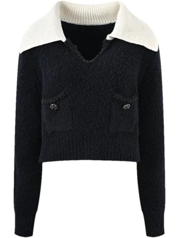 Women Contrast Knitted Pullover V-Neck Long-Sleeved Splicing Loose Knitted Top Casual Sweater