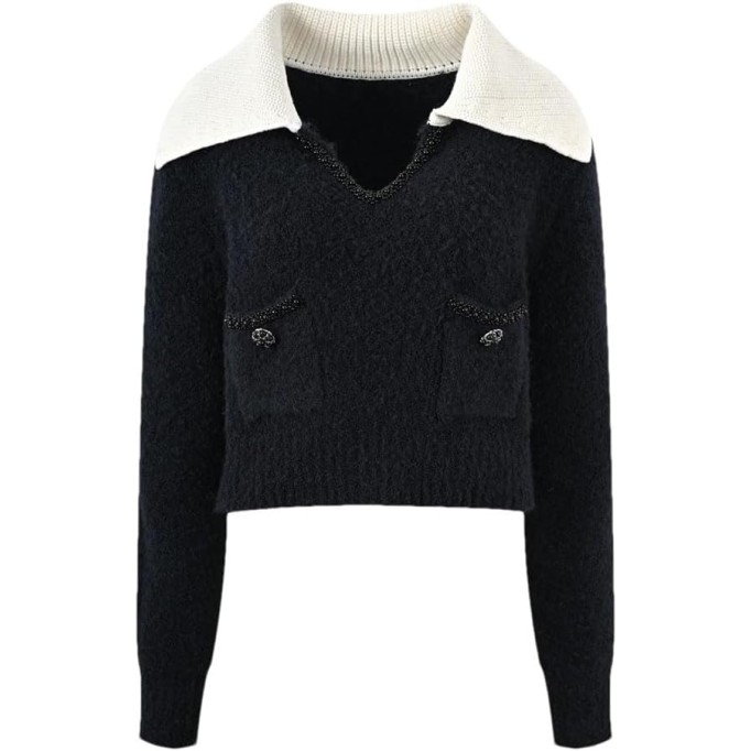 Women Contrast Knitted Pullover V-Neck Long-Sleeved Splicing Loose Knitted Top Casual Sweater