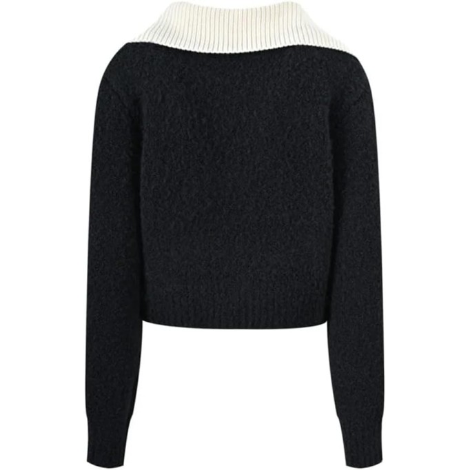 Women Contrast Knitted Pullover V-Neck Long-Sleeved Splicing Loose Knitted Top Casual Sweater