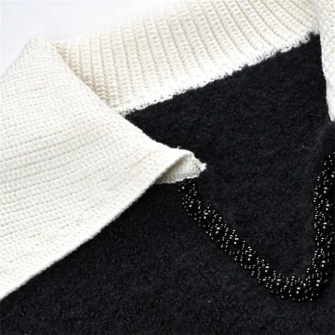 Women Contrast Knitted Pullover V-Neck Long-Sleeved Splicing Loose Knitted Top Casual Sweater