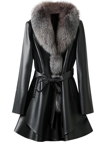 Genuine Lambskin Leather Black Jacket Women Coat with Silver Blue Fox Fur Collar with Belt