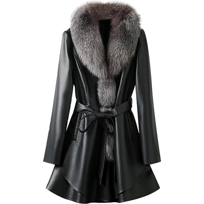Genuine Lambskin Leather Black Jacket Women Coat with Silver Blue Fox Fur Collar with Belt