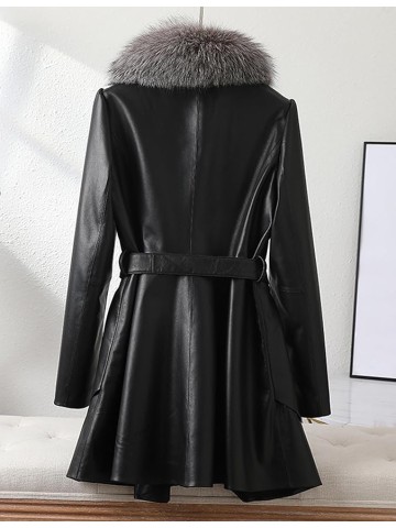 Genuine Lambskin Leather Black Jacket Women Coat with Silver Blue Fox Fur Collar with Belt
