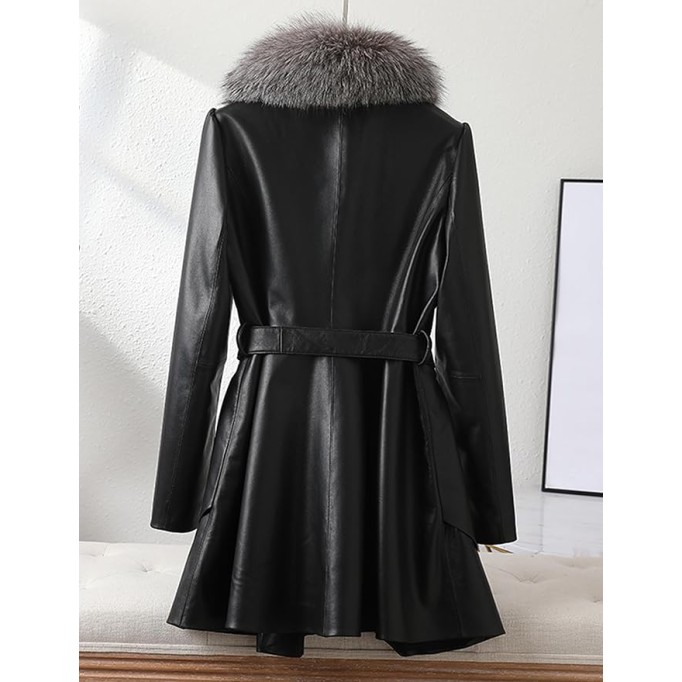 Genuine Lambskin Leather Black Jacket Women Coat with Silver Blue Fox Fur Collar with Belt