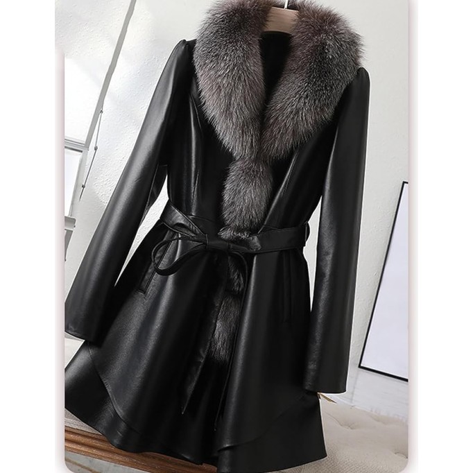Genuine Lambskin Leather Black Jacket Women Coat with Silver Blue Fox Fur Collar with Belt