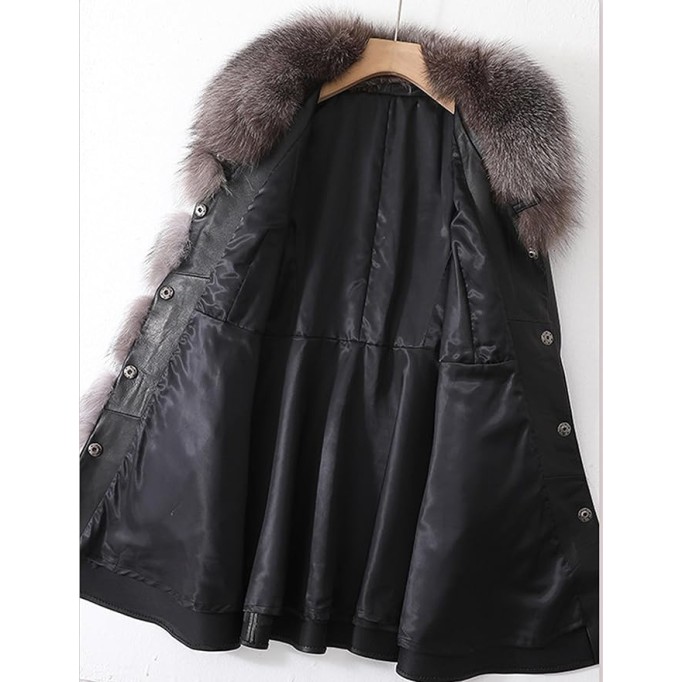 Genuine Lambskin Leather Black Jacket Women Coat with Silver Blue Fox Fur Collar with Belt
