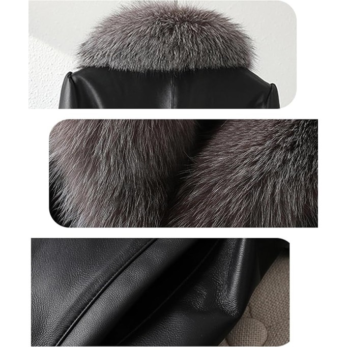 Genuine Lambskin Leather Black Jacket Women Coat with Silver Blue Fox Fur Collar with Belt