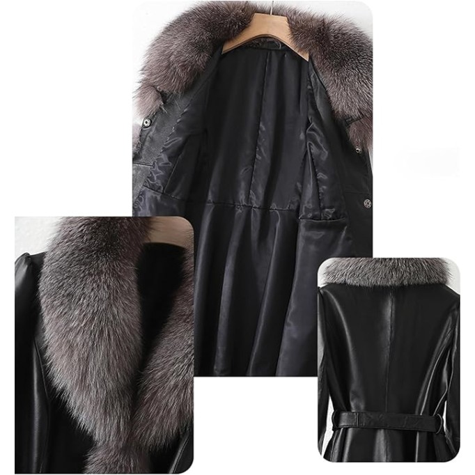 Genuine Lambskin Leather Black Jacket Women Coat with Silver Blue Fox Fur Collar with Belt
