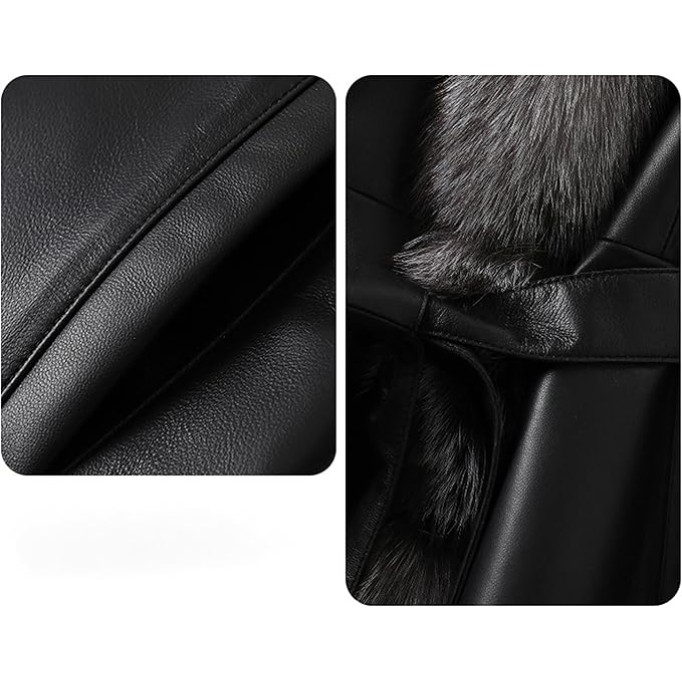 Genuine Lambskin Leather Black Jacket Women Coat with Silver Blue Fox Fur Collar with Belt