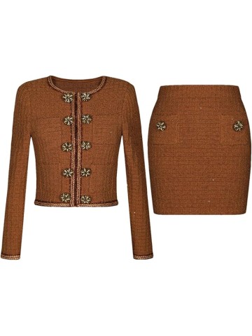 Women's 2 Piece Skirt Set Suit Double-Breasted Sweater Knitted Long-Sleeved Cardigan And Mini Skirts Sets
