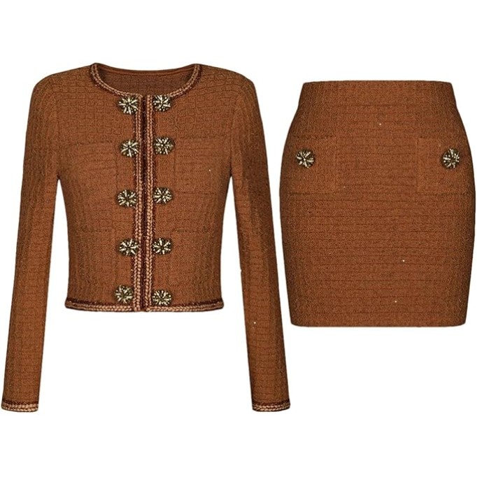 Women's 2 Piece Skirt Set Suit Double-Breasted Sweater Knitted Long-Sleeved Cardigan And Mini Skirts Sets