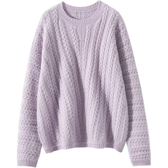 Women's Cashmere Knitted Pullover Sweater Crew Neck Cable Stitch Casual Top