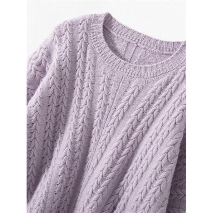 Women's Cashmere Knitted Pullover Sweater Crew Neck Cable Stitch Casual Top