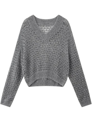 Women's Hollow Knit Sweater V-Neck Long Sleeve Loose Short Jumper Commuting Casual Loose Sweater