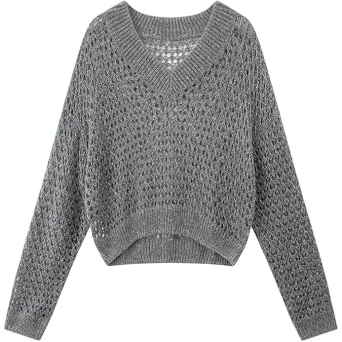 Women's Hollow Knit Sweater V-Neck Long Sleeve Loose Short Jumper Commuting Casual Loose Sweater