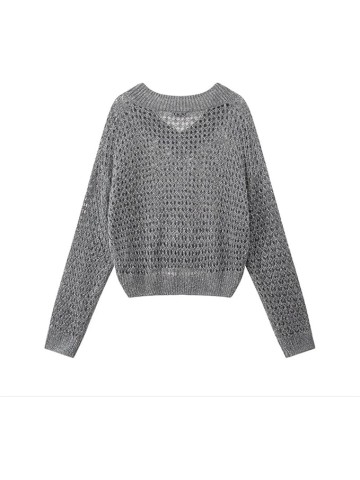 Women's Hollow Knit Sweater V-Neck Long Sleeve Loose Short Jumper Commuting Casual Loose Sweater