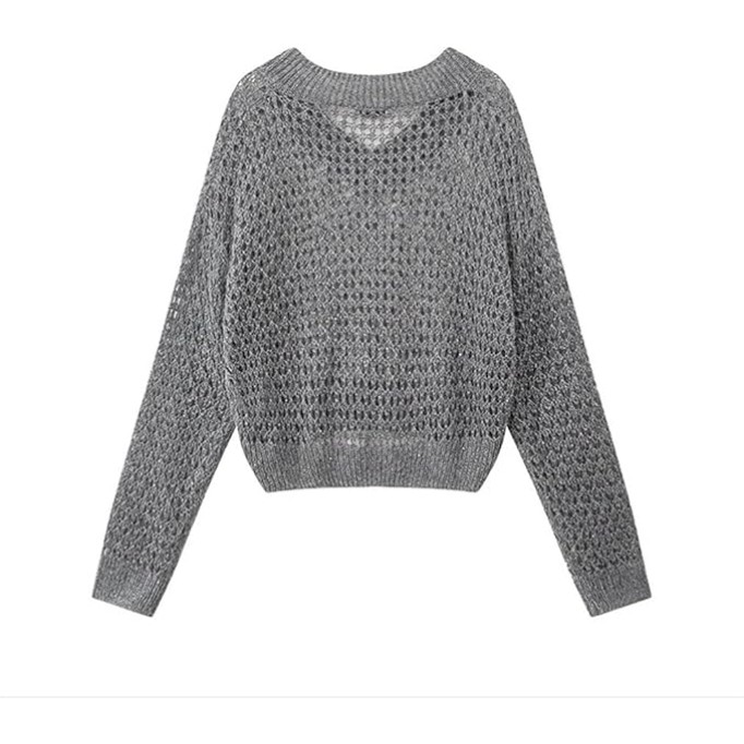 Women's Hollow Knit Sweater V-Neck Long Sleeve Loose Short Jumper Commuting Casual Loose Sweater