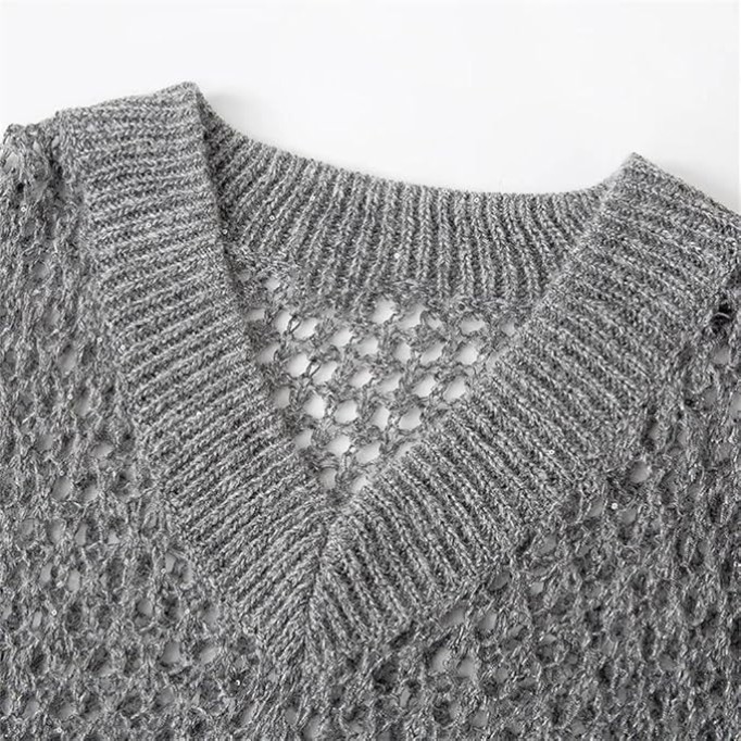 Women's Hollow Knit Sweater V-Neck Long Sleeve Loose Short Jumper Commuting Casual Loose Sweater