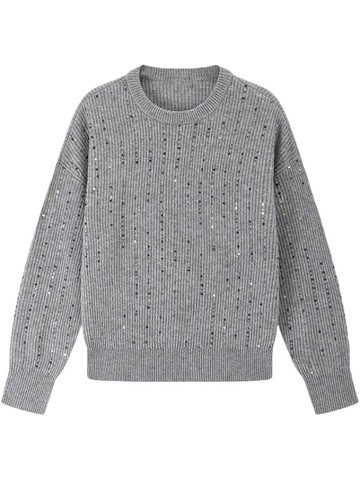 Sequins Simple Sweater for Women Crew Neck Long Sleeved Loose Knit Pullover Casual Jumper