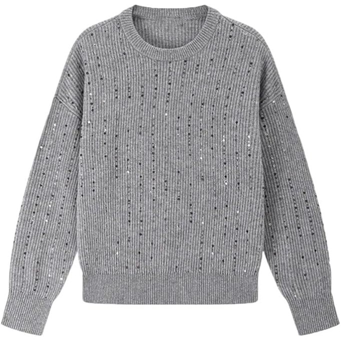 Sequins Simple Sweater for Women Crew Neck Long Sleeved Loose Knit Pullover Casual Jumper