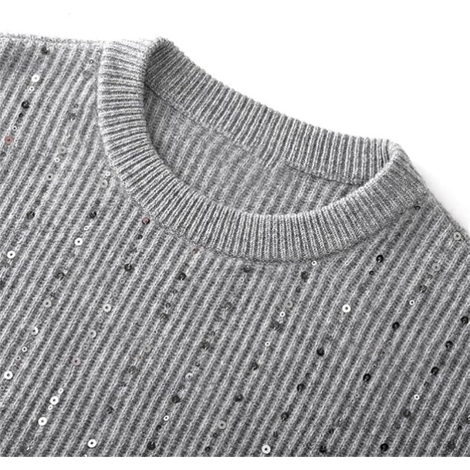 Sequins Simple Sweater for Women Crew Neck Long Sleeved Loose Knit Pullover Casual Jumper
